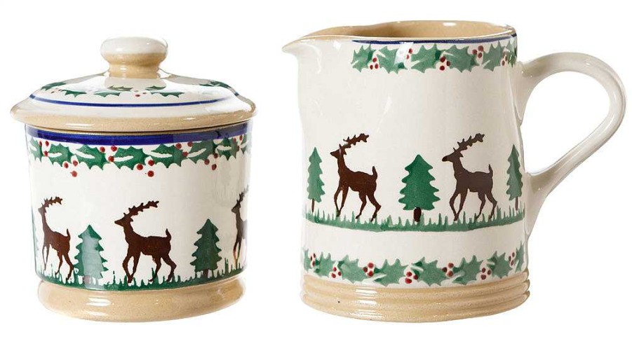 Nicholas Mosse Lidded Sugar Bowl And Small Cylinder Jug Reindeer Hot