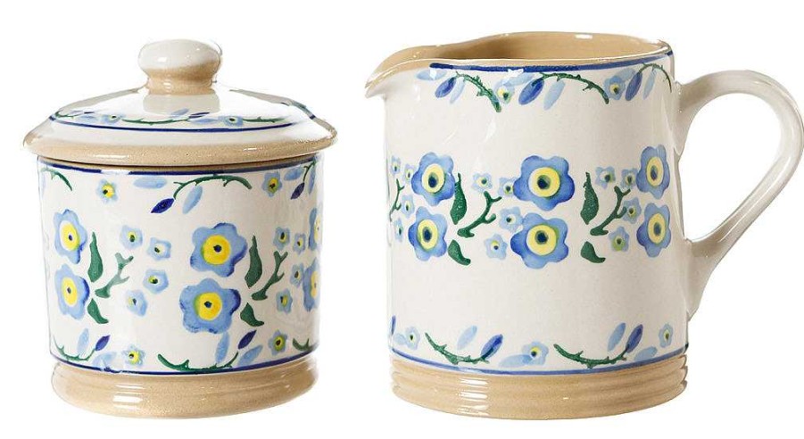 Nicholas Mosse Lidded Sugar Bowl And Small Cylinder Jug Forget Me Not Wholesale