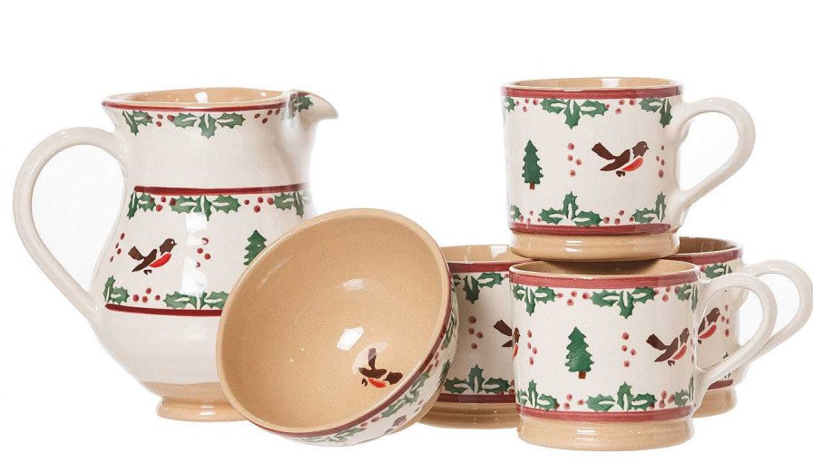 Nicholas Mosse 4 Large Mugs, Medium Jug & Small Bowl Winter Robin Hot