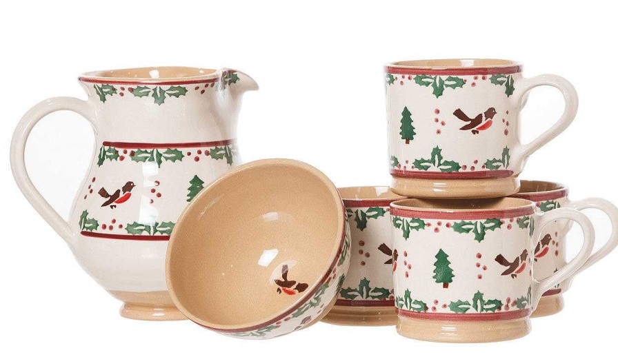 Nicholas Mosse 4 Large Mugs, Medium Jug & Small Bowl Winter Robin Online