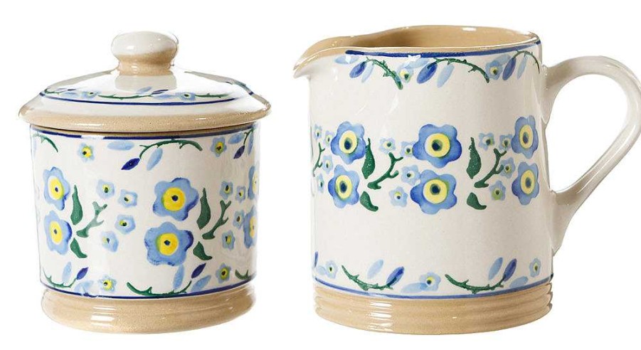 Nicholas Mosse Lidded Sugar Bowl And Small Cylinder Jug Forget Me Not New