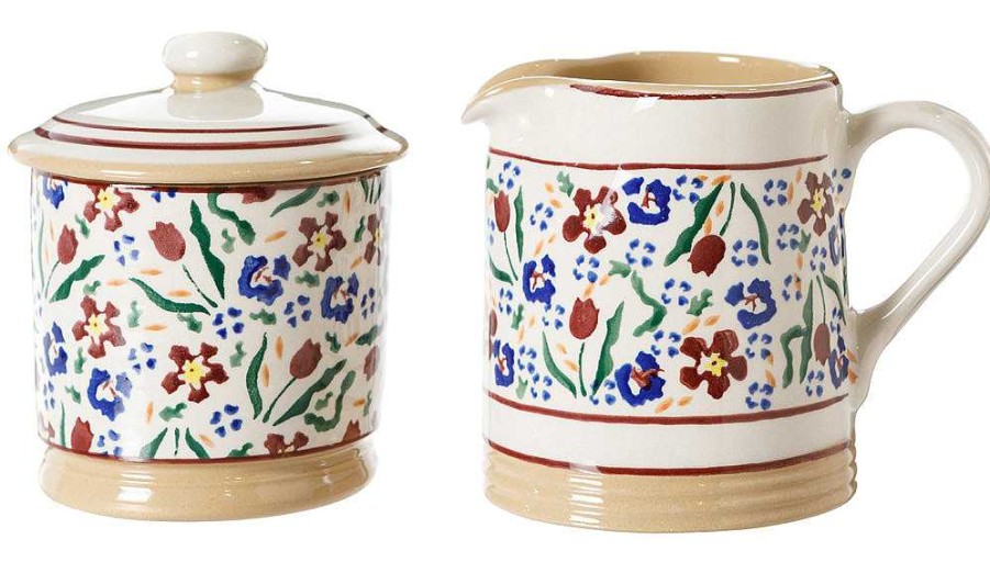 Nicholas Mosse Lidded Sugar Bowl And Small Cylinder Jug Wild Flower Meadow Clearance