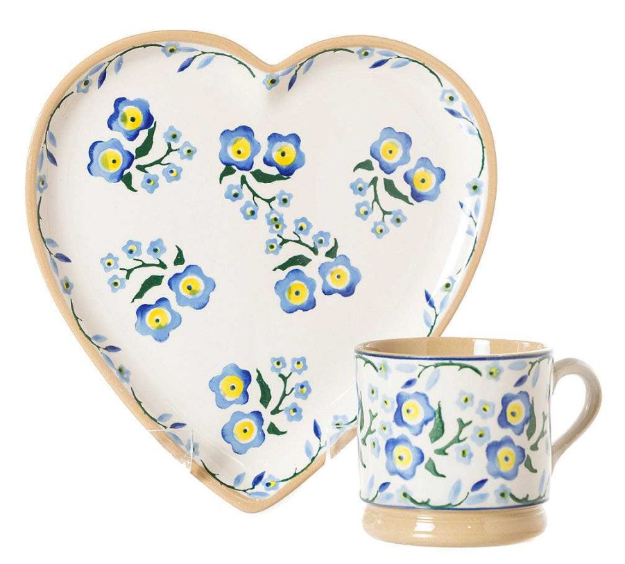 Nicholas Mosse Medium Heart Plate And Small Mug Forget Me Not New