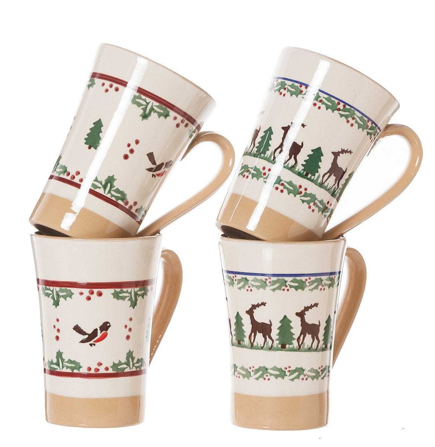 Nicholas Mosse 2 Tall Mugs Reindeer & 2 Tall Mugs Winter Robin New