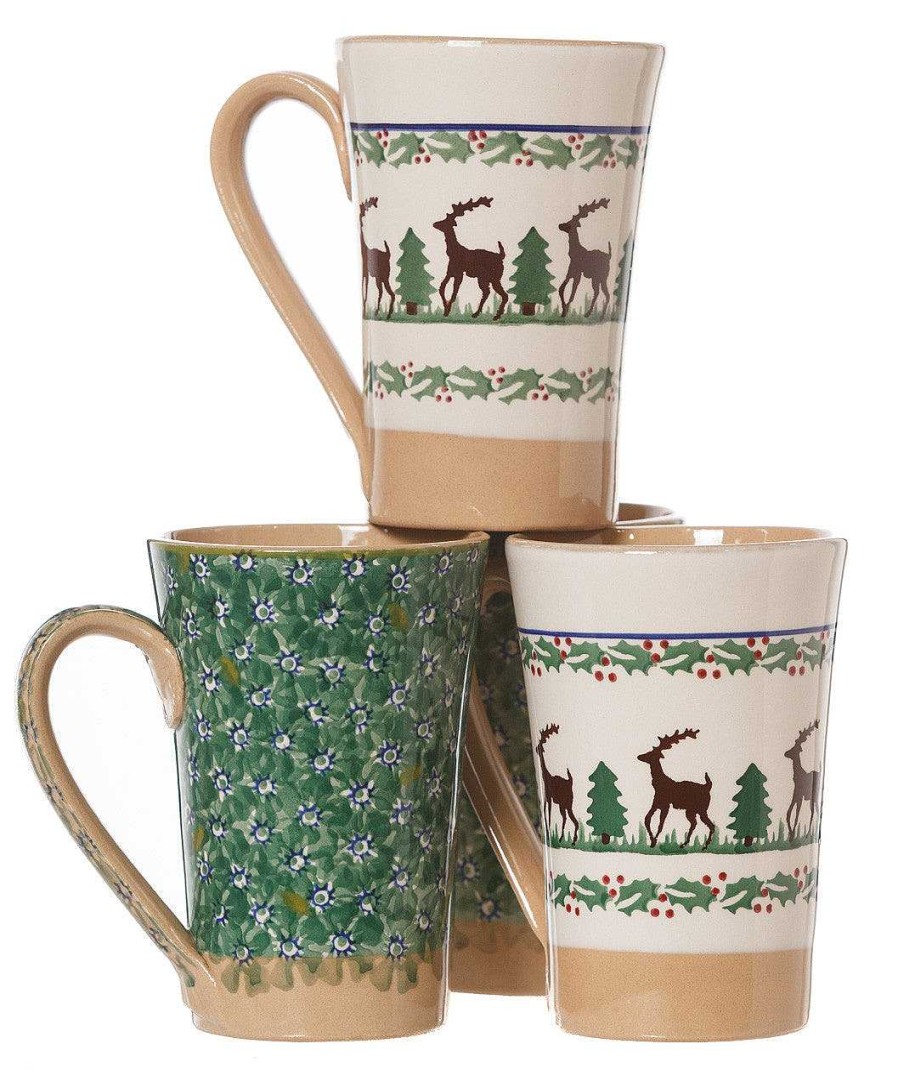 Nicholas Mosse 2 Tall Mugs Reindeer & 2 Tall Mugs Green Lawn Hot