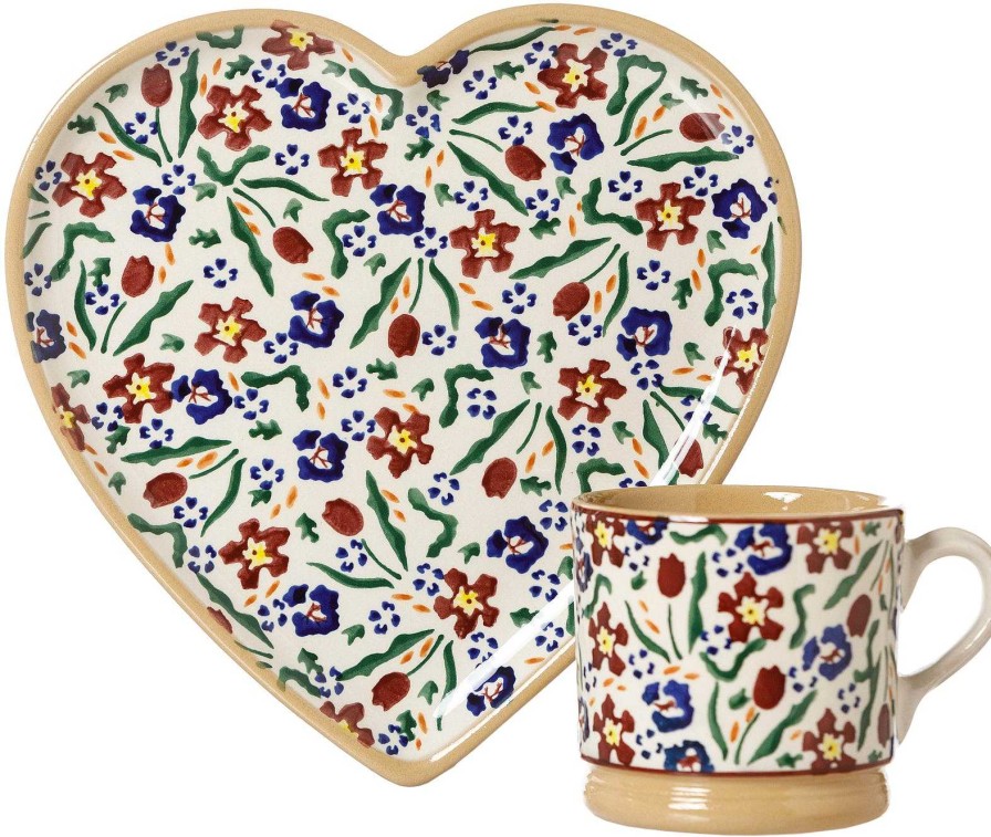 Nicholas Mosse Medium Heart Plate And Small Mug Wild Flower Meadow Hot