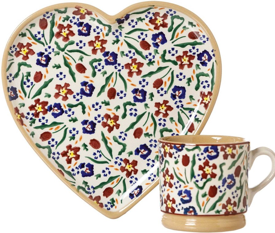 Nicholas Mosse Medium Heart Plate And Small Mug Wild Flower Meadow Clearance